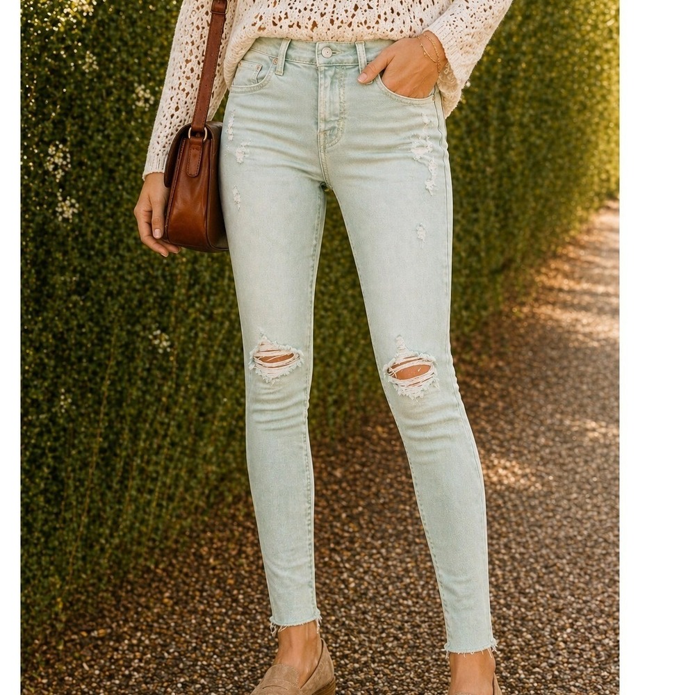Mother Superior Tomcat  High Rise‎ Straight 25 Distressed Jeans  Green Raw Hem